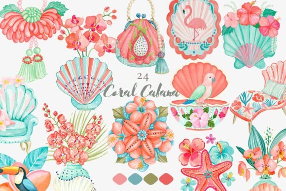 Download Coral Cabana Watercolor Clipart Set - Set Collection
