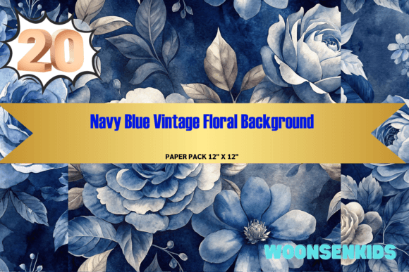 Download 20 Navy Blue Vintage Floral Background Watercolor Png Kdp Digital Paper - Round Collection
