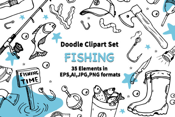 Download Doodle Clipart Set Fishing. Line Art - Set Collection