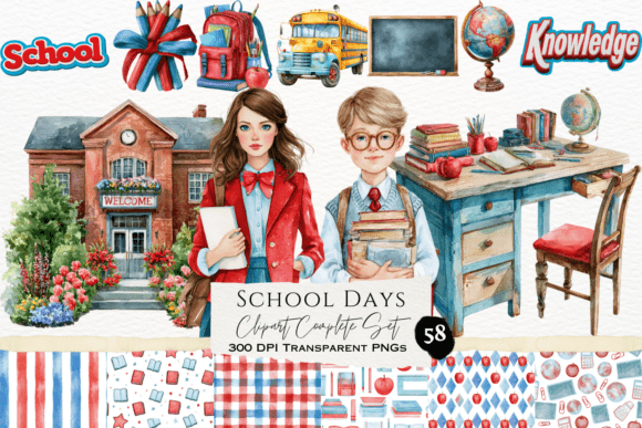 Download School Days Watercolor Clipart Set - Set Collection