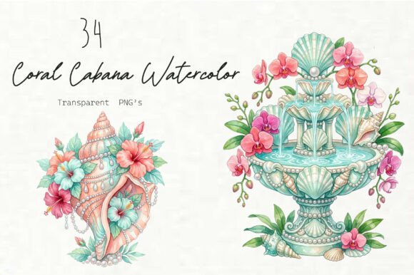Download Coral Cabana Watercolor Clipart Set - Set Collection